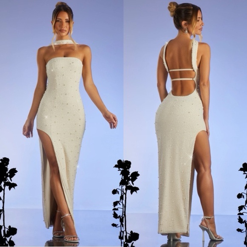 NWT Oh Polly Belgravia Embellished Bandeau Thigh Split Maxi Dress